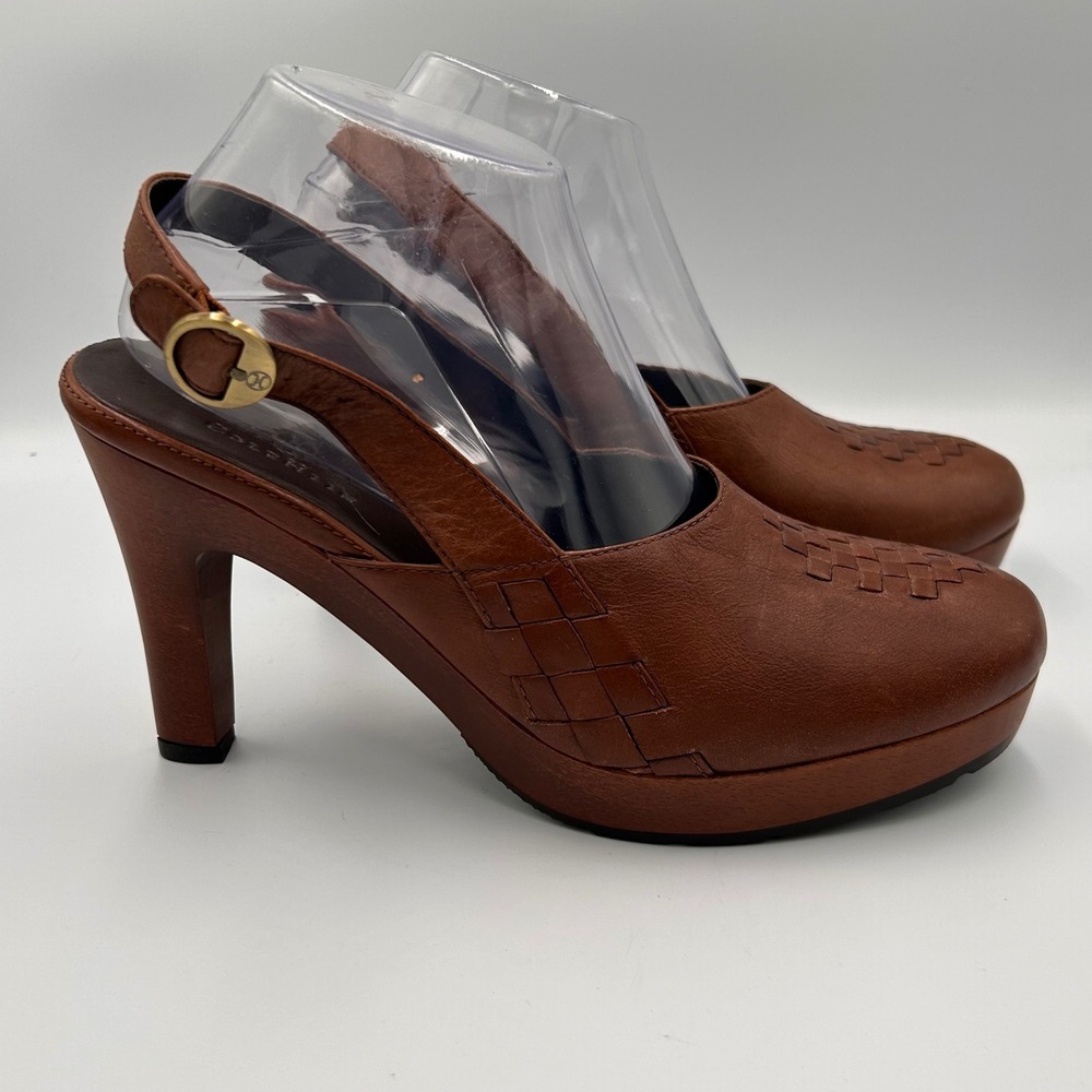 Cole‎ Haan Womens Cognac Brown Leather Woven Platform Slingback Heels D20100 10B